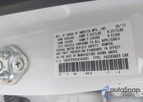 2012 Honda Accord 2.4 Se z USA, uszkodzony, nr VIN 1HGCP2F60CA194593